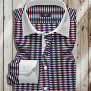 Multi color shirt, Multi Check Fabric, White Straight Medium Collar, White Two Button Rounded Cuff