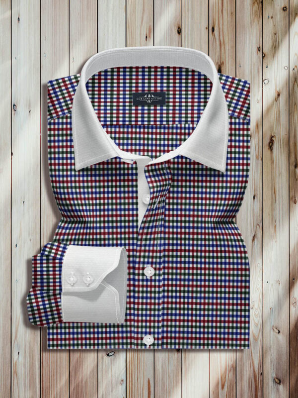 Multi color shirt, Multi Check Fabric, White Straight Medium Collar, White Two Button Rounded Cuff