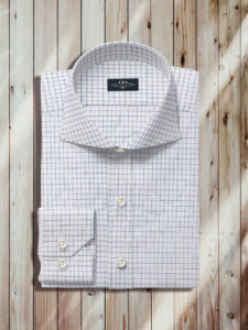 Gingham Dress Shirt, Roma Cutaway Collar, One Button Mitered Cuff, Light Blue Gingham Weave, Break Resistant Buttons