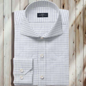 Gingham Dress Shirt, Roma Cutaway Collar, One Button Mitered Cuff, Light Blue Gingham Weave, Break Resistant Buttons