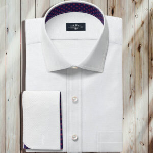 mens white dress shirts, english spread collar, french rounded cuffs, cantras, white doby weave