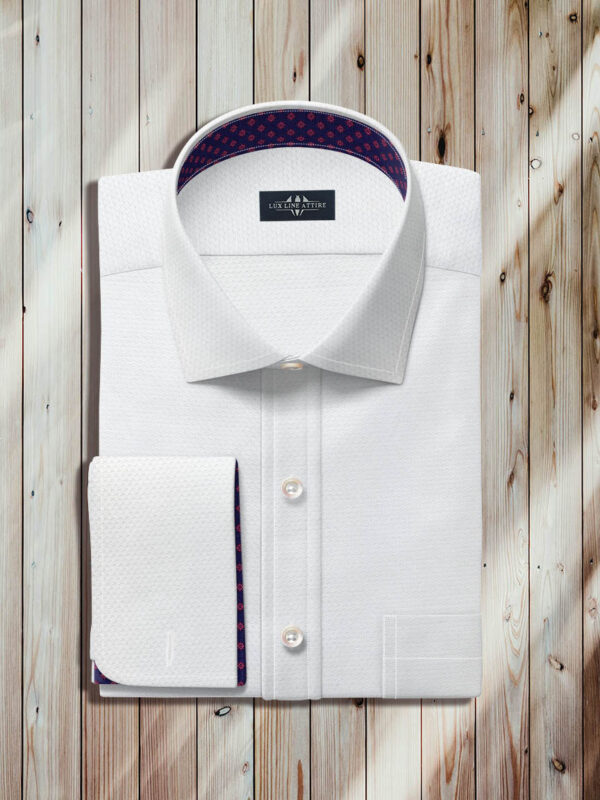 mens white dress shirts, english spread collar, french rounded cuffs, cantras, white doby weave