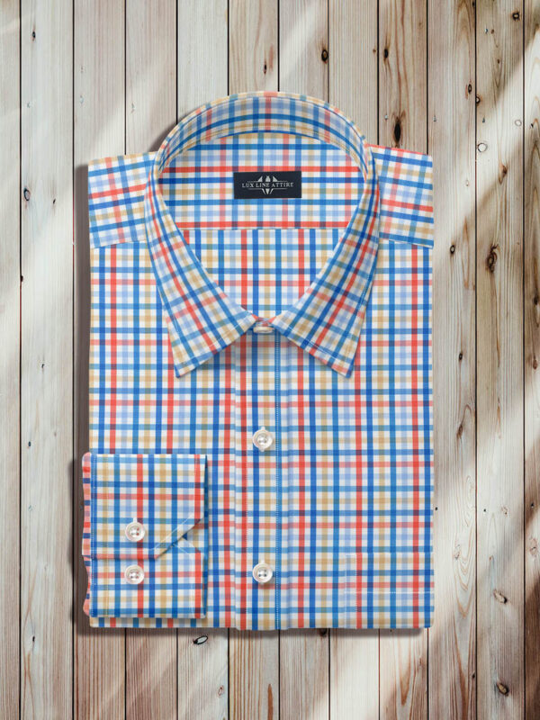 Multi Check Shirt, Straight Poing Collar, One Button Mitered Cuff, Multi Color Check Fabric