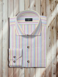 Multi Colored Striped Long Sleeve Shirt, Wide Spread Collar, One Button Mitered Cuff, Royal Multi Stripe Fabric