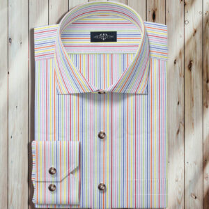 Multi Colored Striped Long Sleeve Shirt, Wide Spread Collar, One Button Mitered Cuff, Royal Multi Stripe Fabric