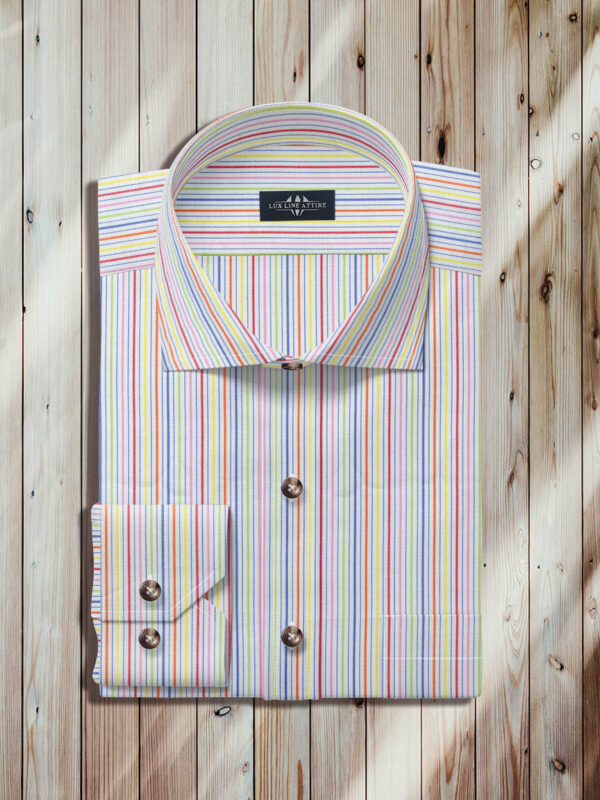 Multi Colored Striped Long Sleeve Shirt, Wide Spread Collar, One Button Mitered Cuff, Royal Multi Stripe Fabric