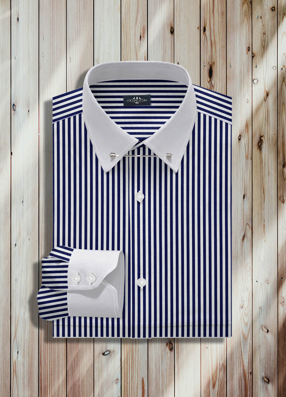 Blue Stipe Pin Collar Men Dress Shirt