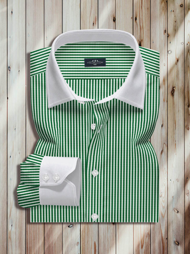 White And Green Shirt, Collar And Cuffs Are White, White Break Resistant Buttons, White And Green Stripe Fabric, 100% Cotton, semi formal shirts, semi formal shirt, semi formal shirts for men