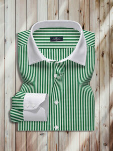 White And Green Shirt, Collar And Cuffs Are White, White Break Resistant Buttons, White And Green Stripe Fabric, 100% Cotton