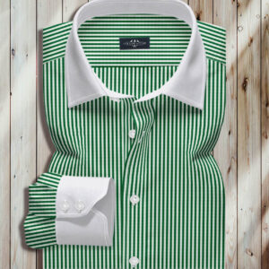 White And Green Shirt, Collar And Cuffs Are White, White Break Resistant Buttons, White And Green Stripe Fabric, 100% Cotton