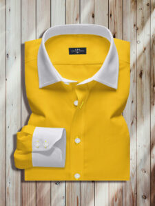 Mens Yellow Dress Shirt, Straight Medium Collar, Two Button Rounded Cuff, Collar And Cuff Are White, Pure Yellow Poplin Fabric