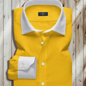 Mens Yellow Dress Shirt, Straight Medium Collar, Two Button Rounded Cuff, Collar And Cuff Are White, Pure Yellow Poplin Fabric