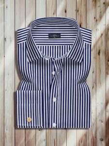 White Shirt With Blue Stripes, Straight Medium Collar, Double Cuffs, Blue Stripe Soft Cotton Fabric, Break Resistant Buttons