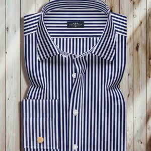 White Shirt With Blue Stripes, Straight Medium Collar, Double Cuffs, Blue Stripe Soft Cotton Fabric, Break Resistant Buttons